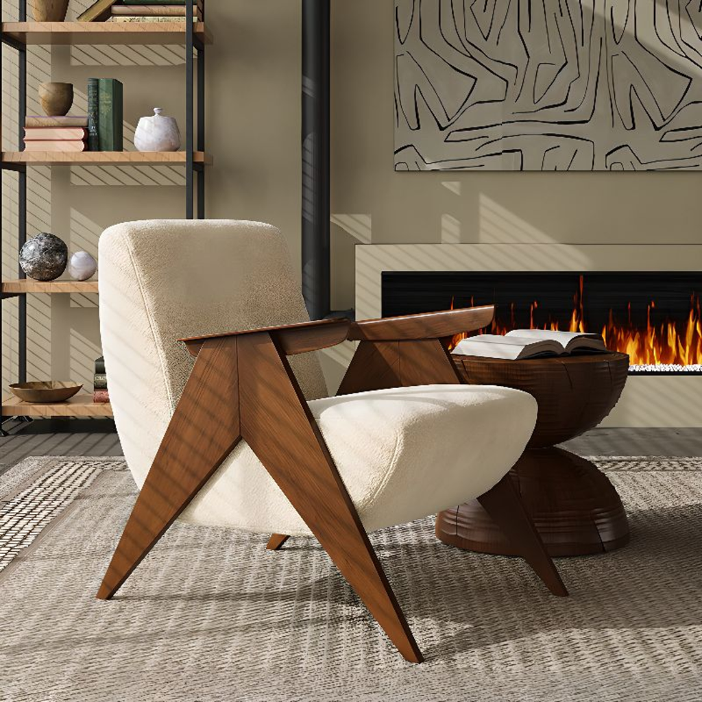 Modern armchair with wooden legs in a living room setting with a fireplace.