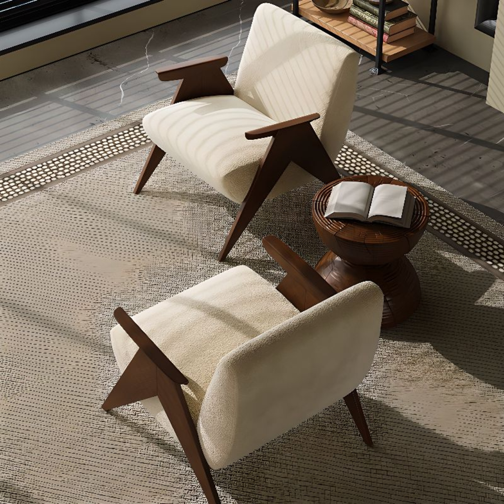 Two beige armchairs with wooden frames in a modern living room setting.