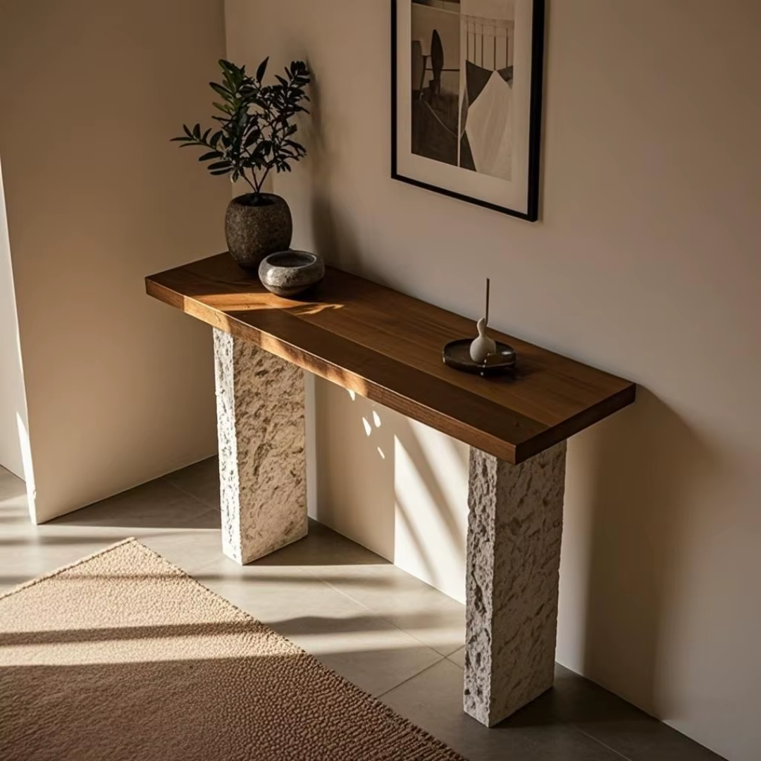Wooden console table with stone legs against a wall with a plant and framed picture.