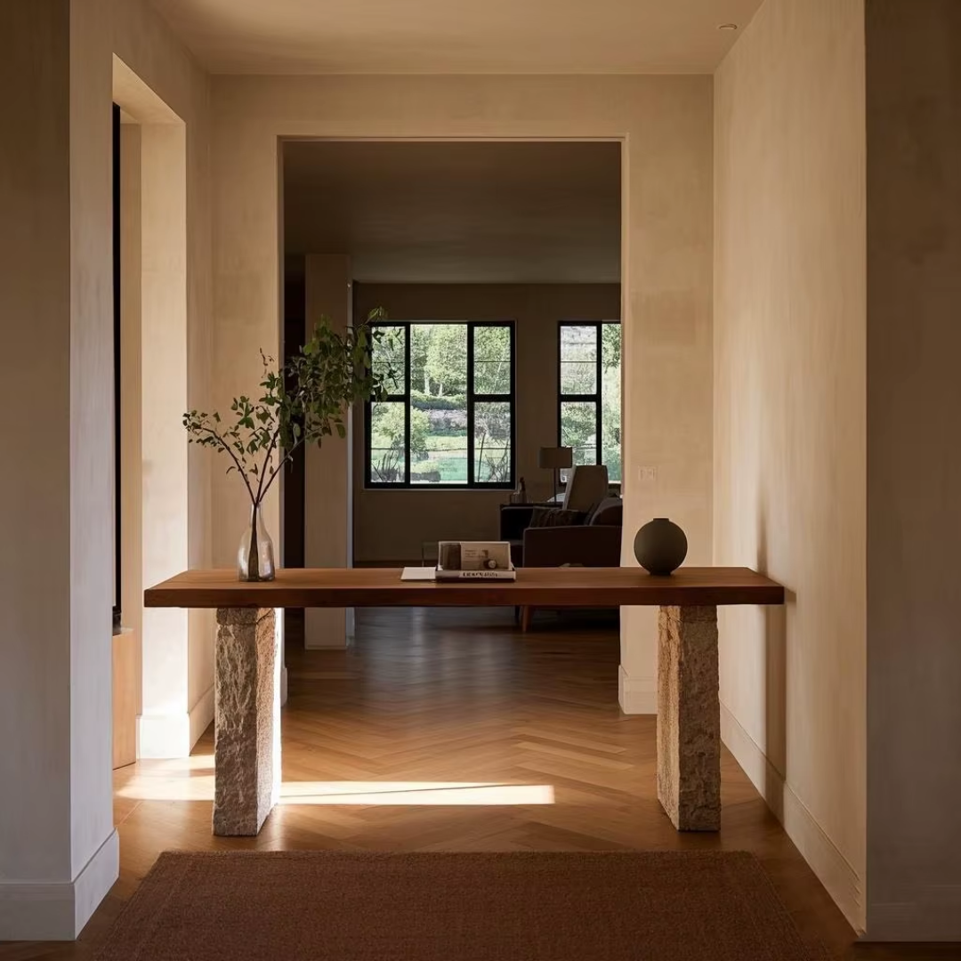 Modern home office with a Walnut and Natural Stone Console Table and decorative items.