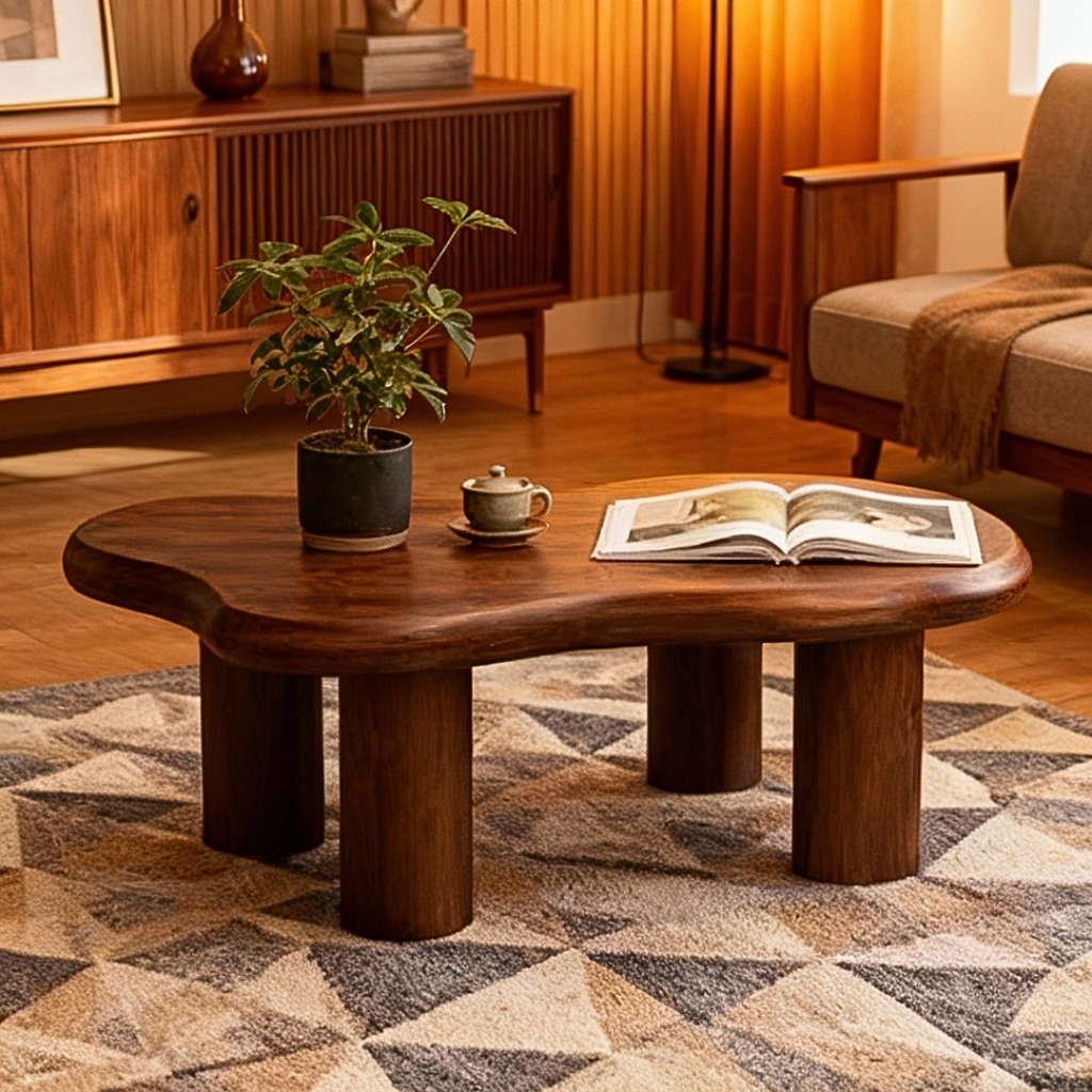 Dark Wood Coffee Table with a plant, cup, and book in a living room setting.