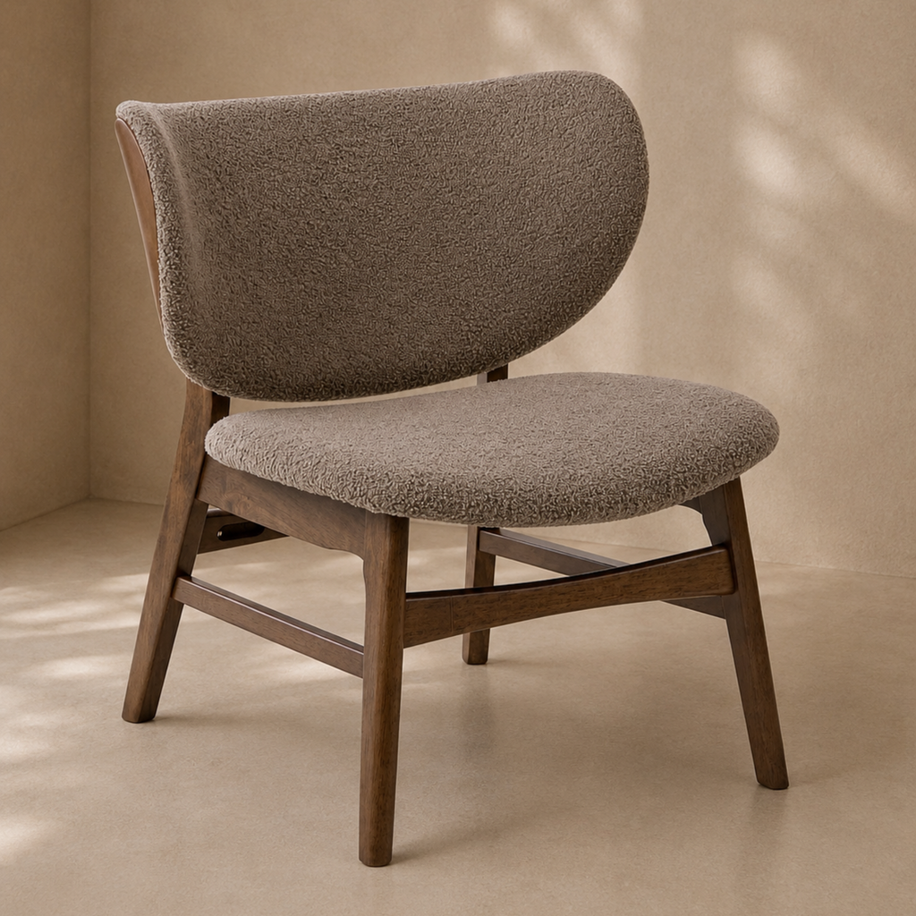 Daphne Curved Armless Taupe Boucle Chair With Walnut Wood Frame