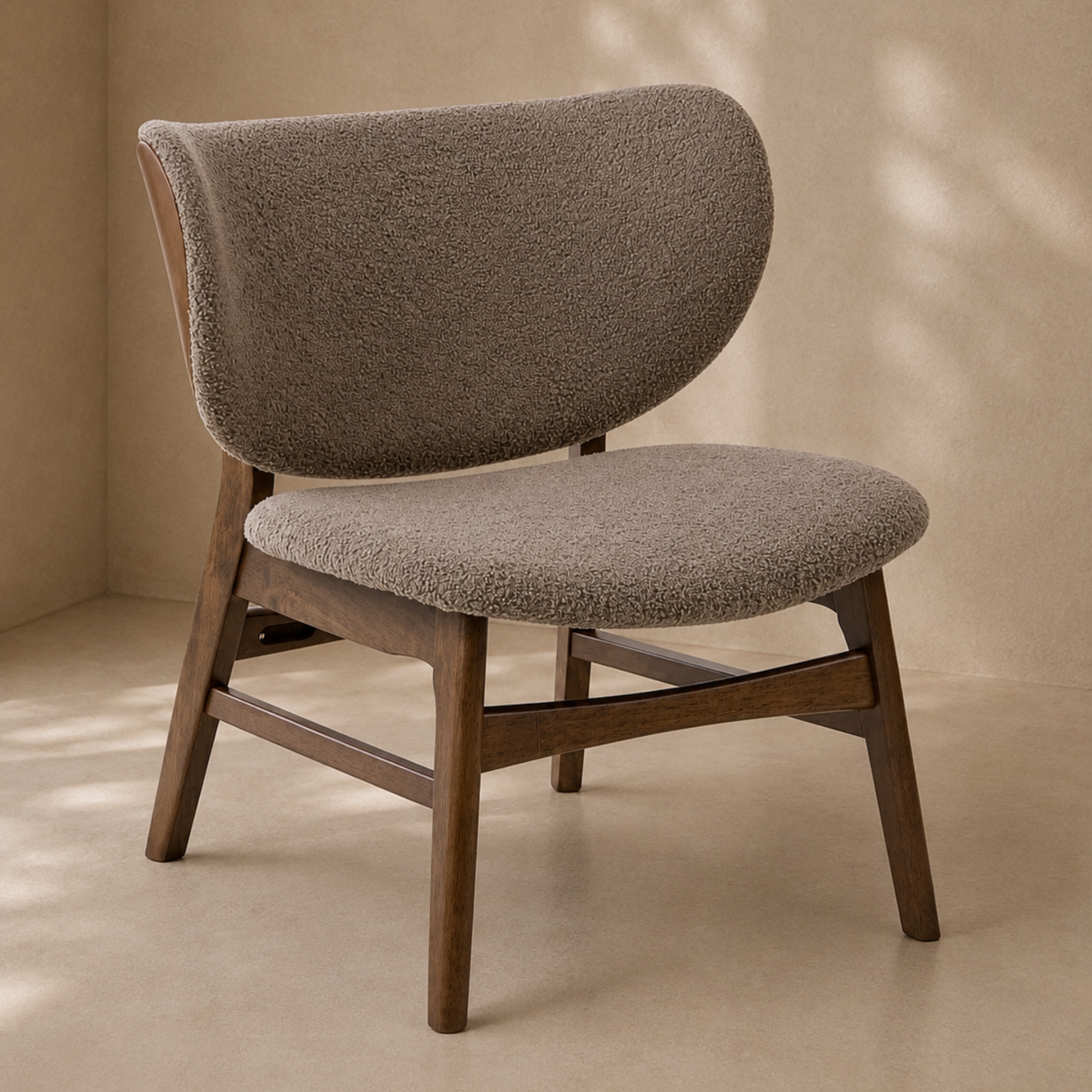 Daphne Curved Armless Taupe Boucle Chair With Walnut Wood Frame