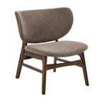 A modern lounge chair with a textured taupe bouclé upholstered seat and curved backrest, supported by a mid-century style dark brown wooden frame, shown on a solid white background.