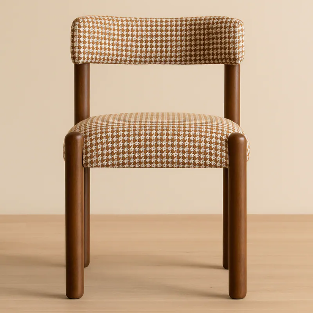 Chair with houndstooth patterned cushion on a beige background