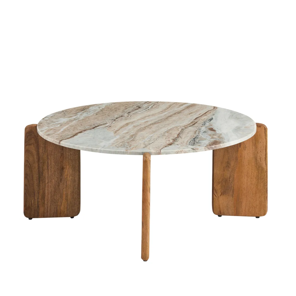 A modern round coffee table with a light beige and gray marble top, supported by two square wooden side blocks and a single central leg, shown on a solid white background.