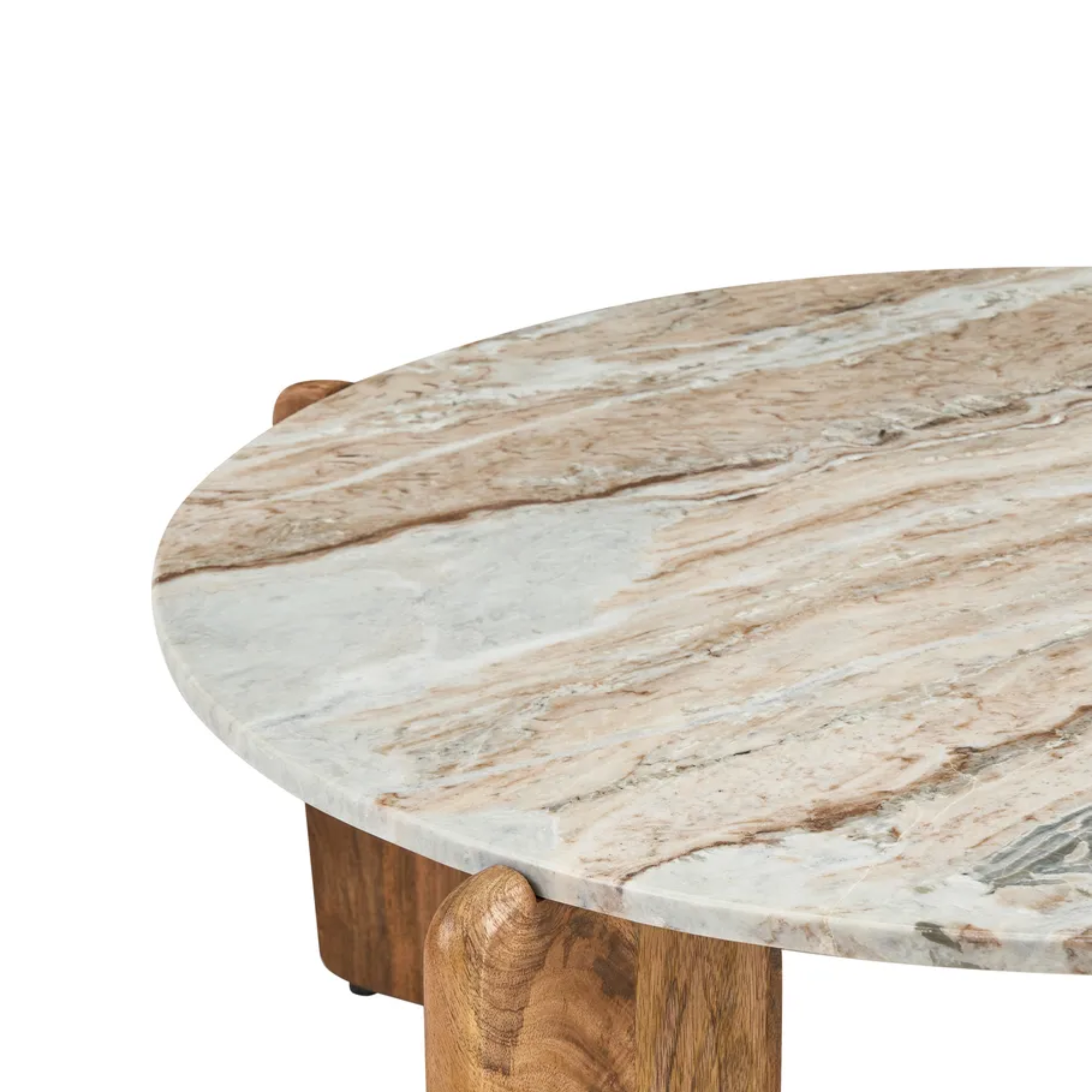 Close-up of a round coffee table with a light beige and white marble top featuring natural veining, supported by a warm brown wooden base.