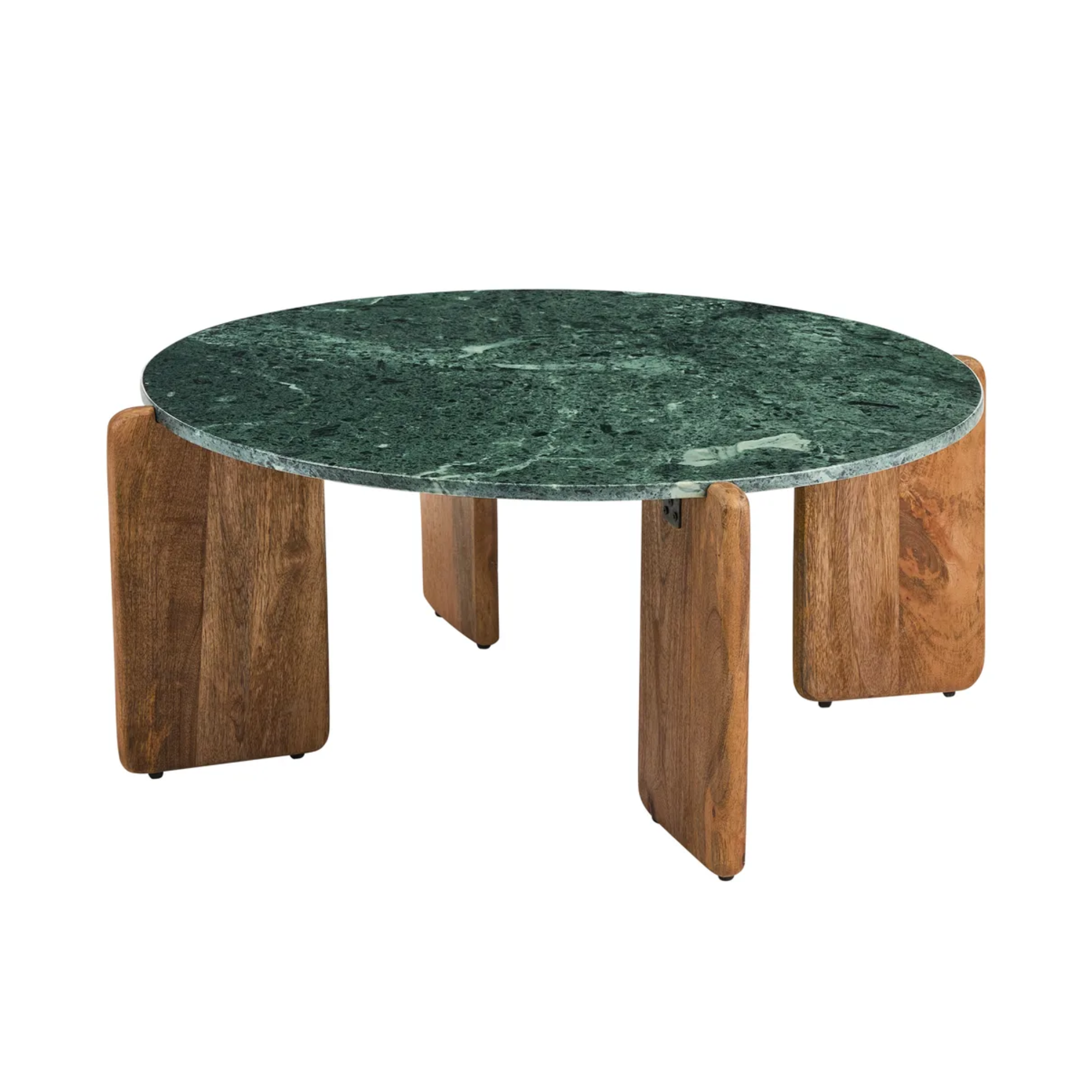 A round coffee table featuring a dark green marble top with natural veining and a sturdy, blocky medium-brown wooden base, shown against a plain white background.