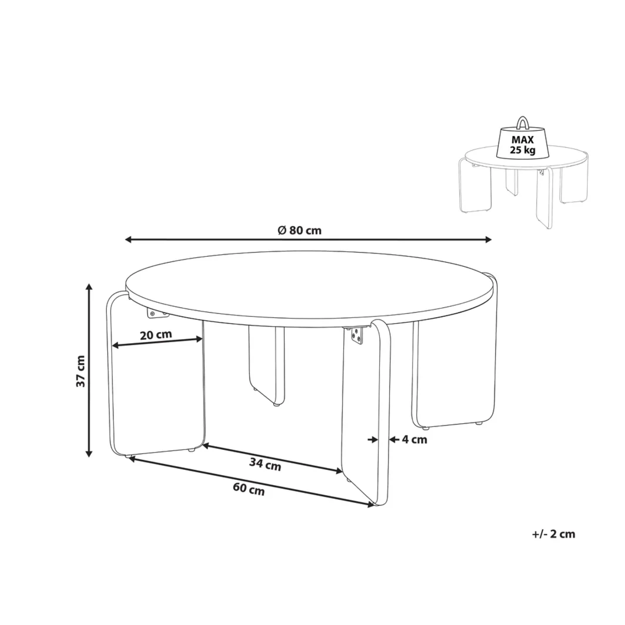 Black and white line drawing schematic of a round folding table with dimension measurements, including a small inset showing the table folded with a weight label reading MAX 25 kg.