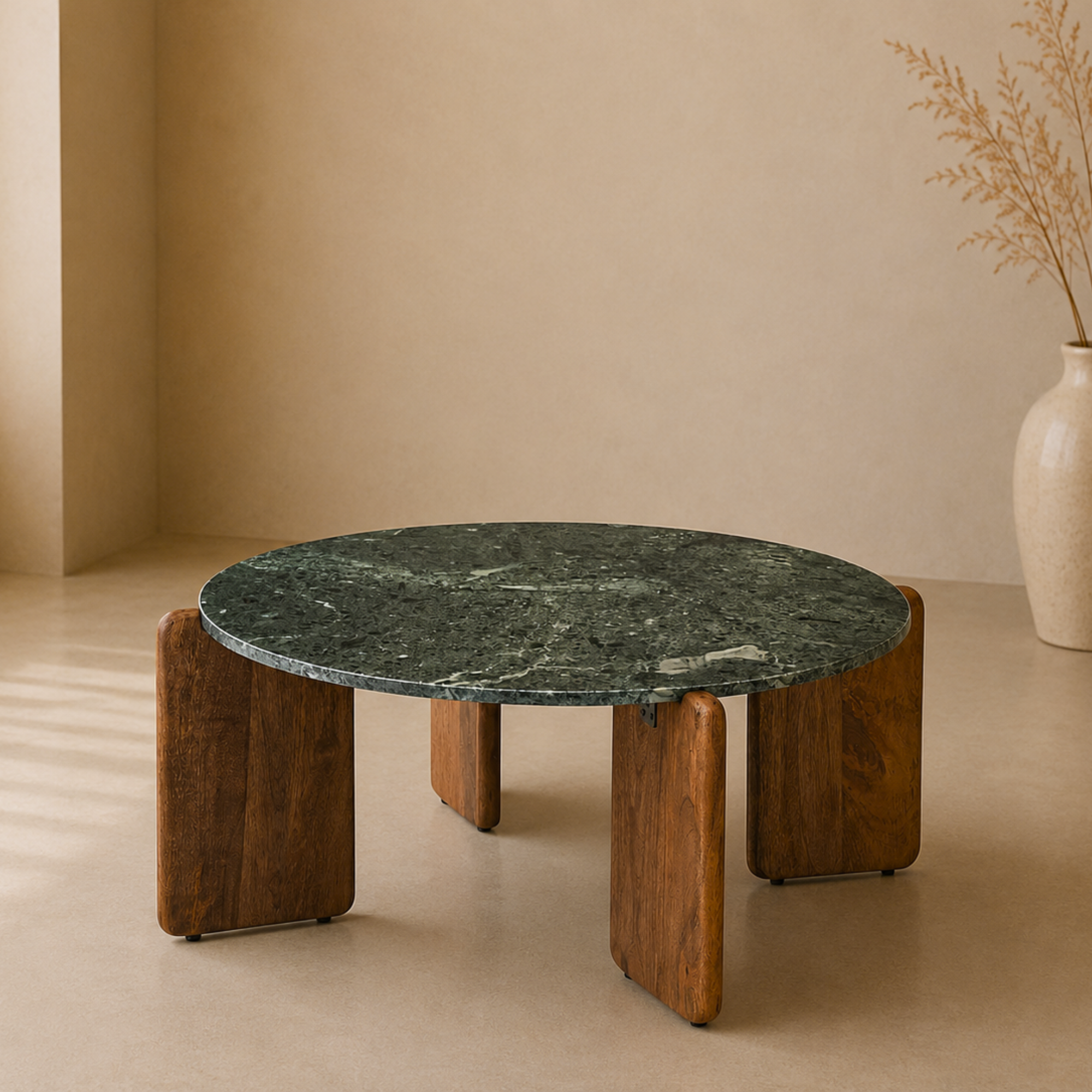 Enzo Sculptural Wood Round Coffee Table Green Marble
