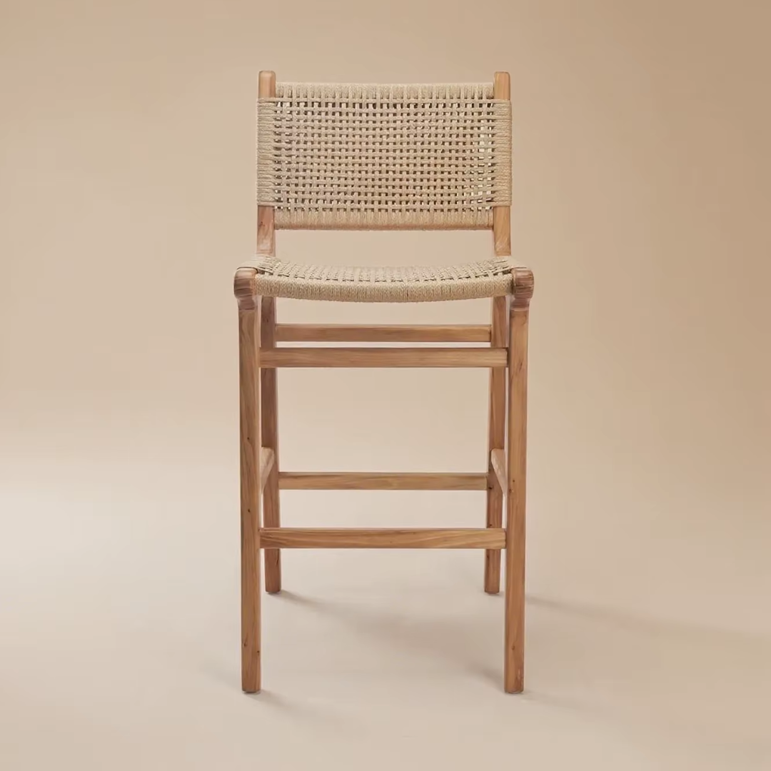 Esmé Teak Wood And Rattan Bar Stool With Back