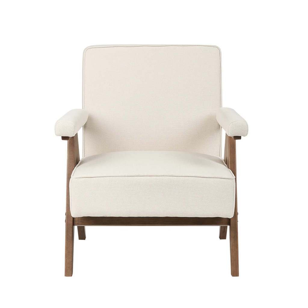 A modern accent chair with cream-colored fabric upholstery and a medium brown wooden frame, shown against a solid white background.