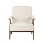 A modern accent chair with cream-colored fabric upholstery and a medium brown wooden frame, shown against a solid white background.