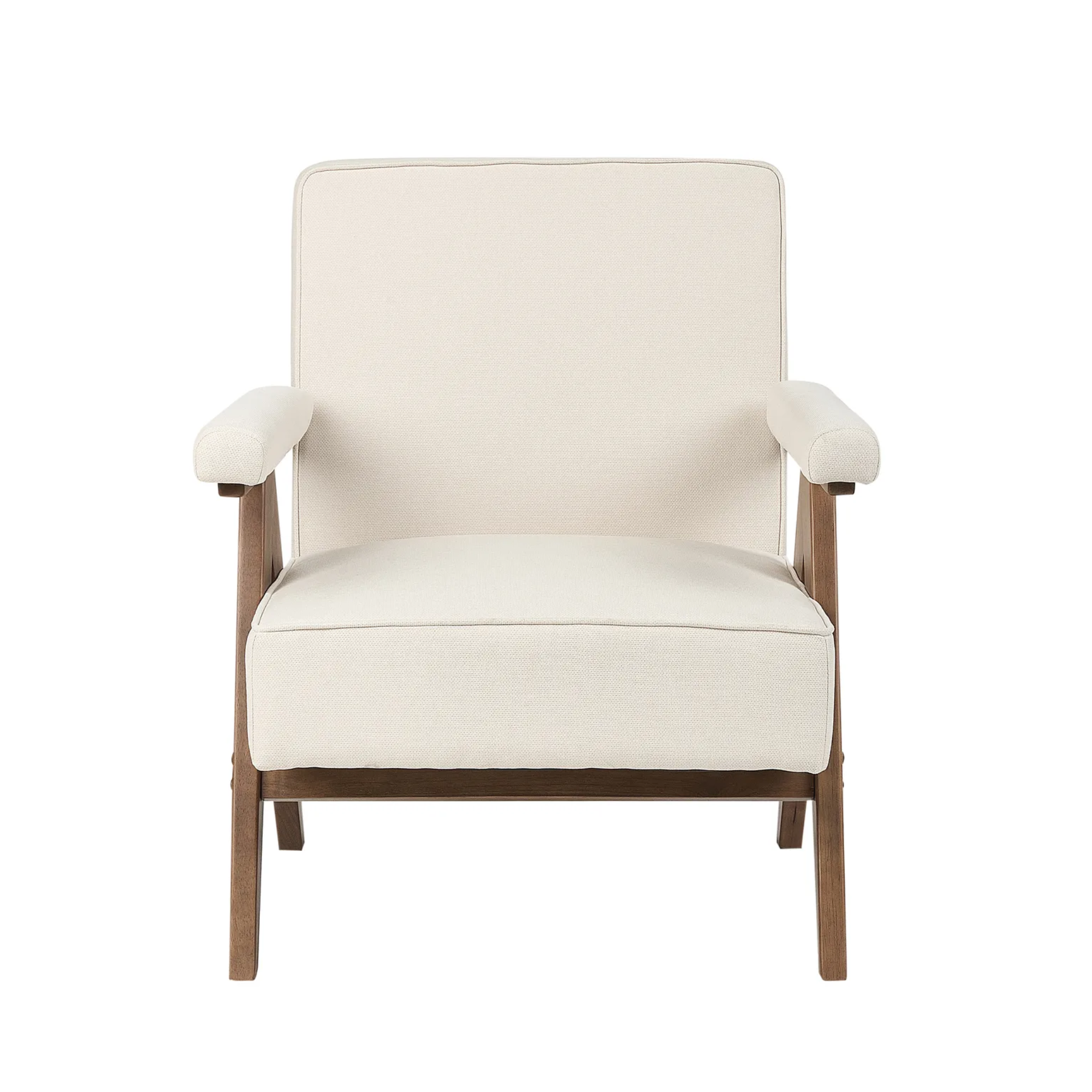 A modern accent chair with cream-colored fabric upholstery and a medium brown wooden frame, shown against a solid white background.
