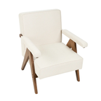 A modern accent chair with cream-colored upholstered cushions and a natural wood frame, shown on a solid white background.