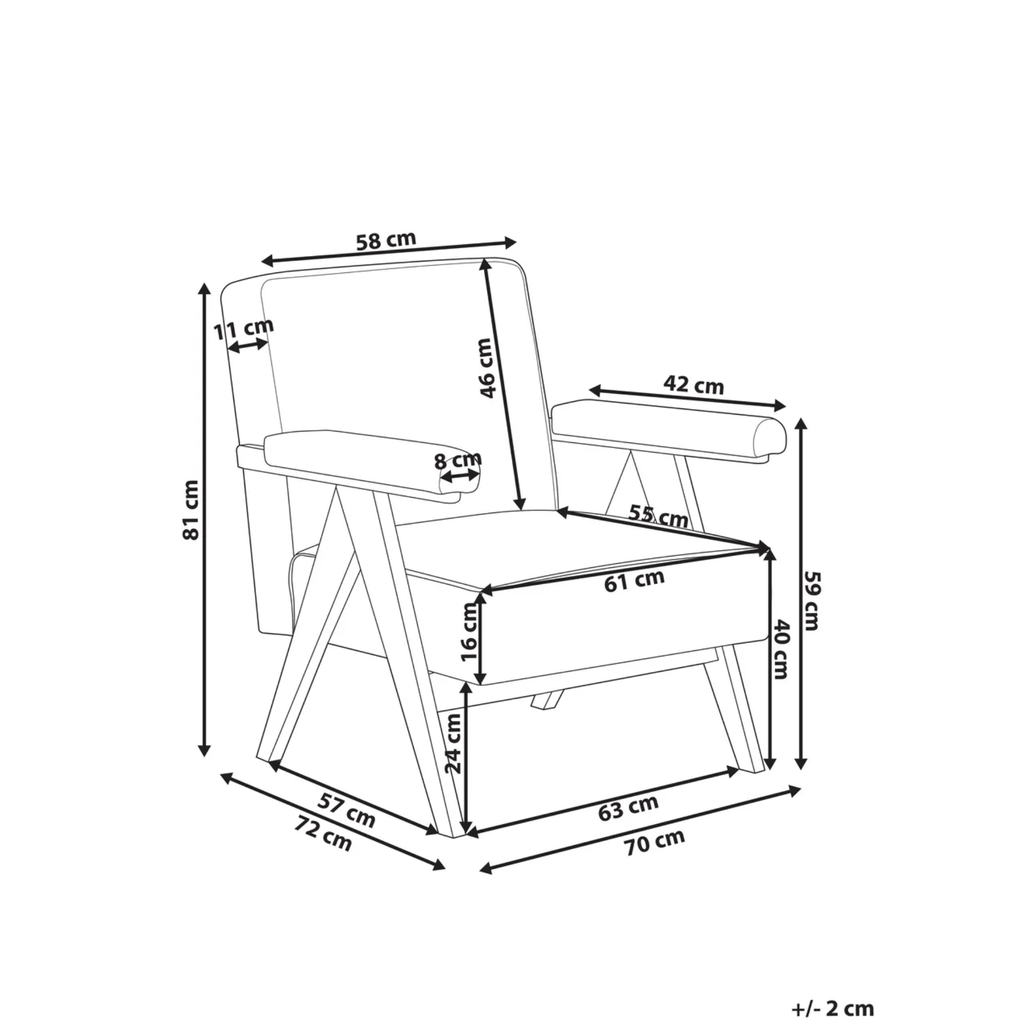 A black-and-white line drawing of an armchair with overlaid dimension arrows and measurements for height, width, and depth, plus a note at the bottom reading +/- 2 cm.