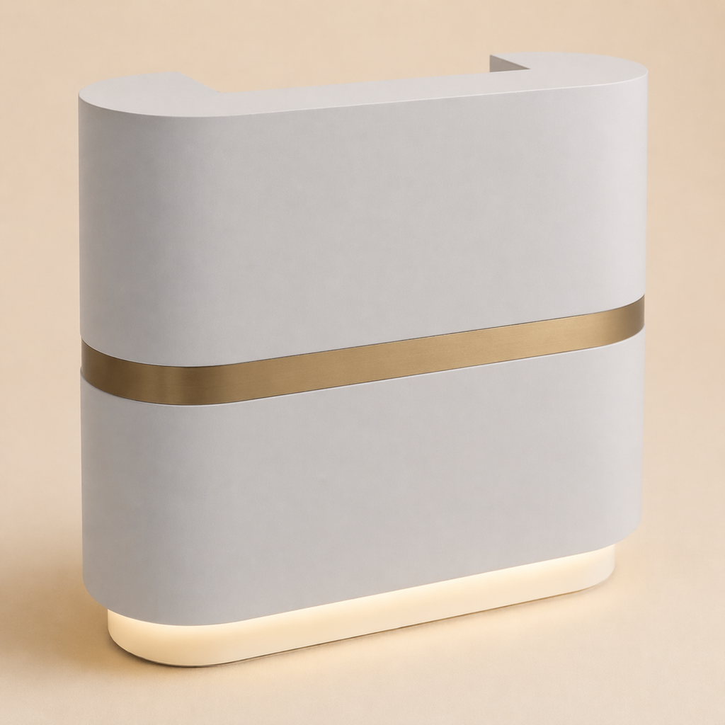 grey Modern reception desk with a gold stripe on a beige background