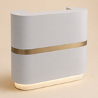 grey Modern reception desk with a gold stripe on a beige background