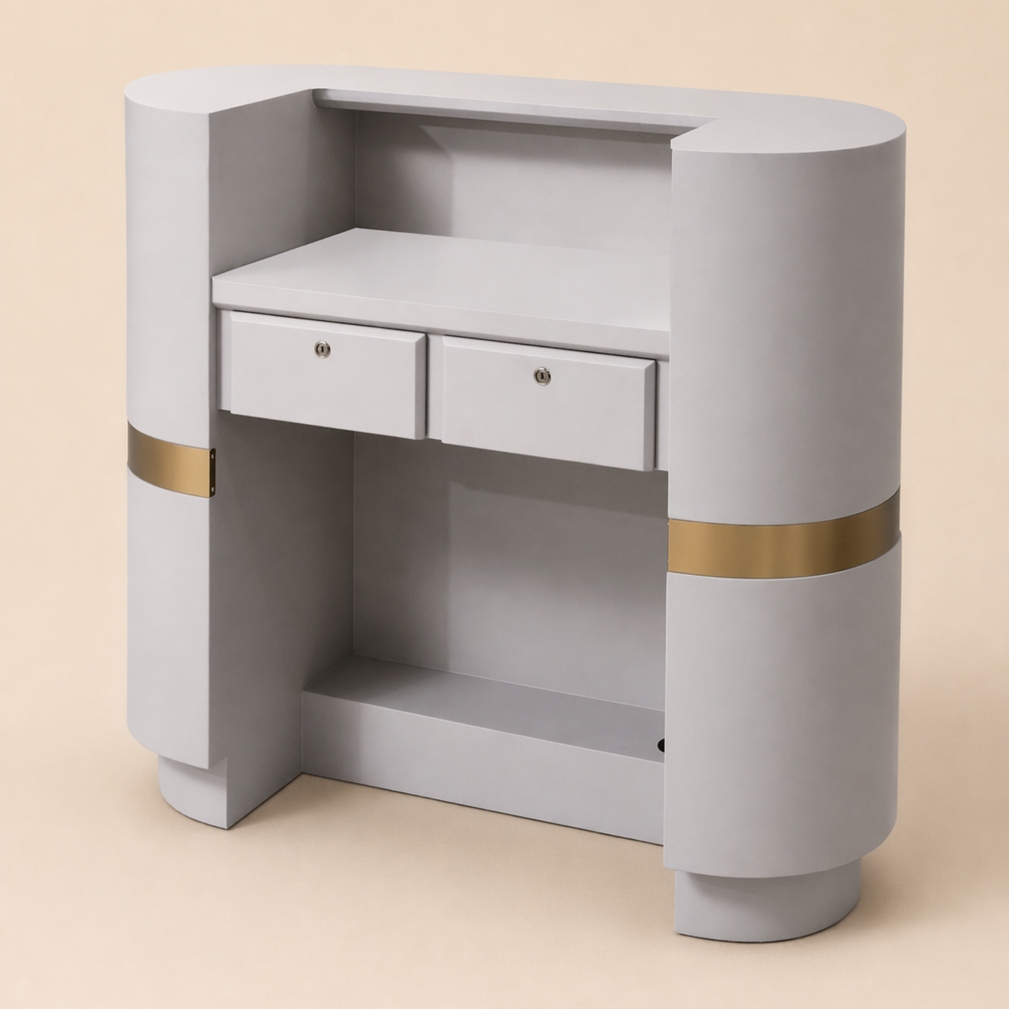Modern grey curved reception desk with gold accents on a beige background