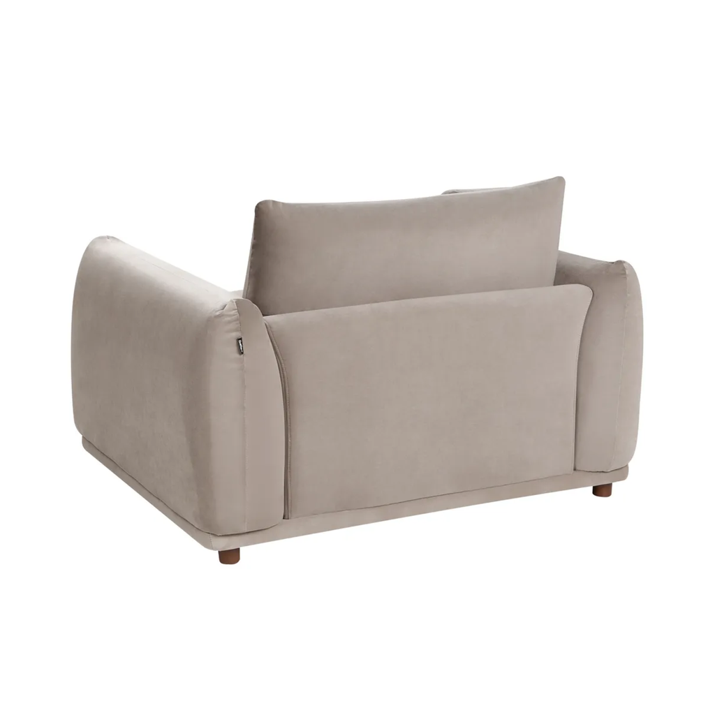 A modern two-seater sofa in a light taupe beige fabric, featuring a low-profile rectangular design with a matching back cushion and small dark wooden legs, shown against a plain white background.