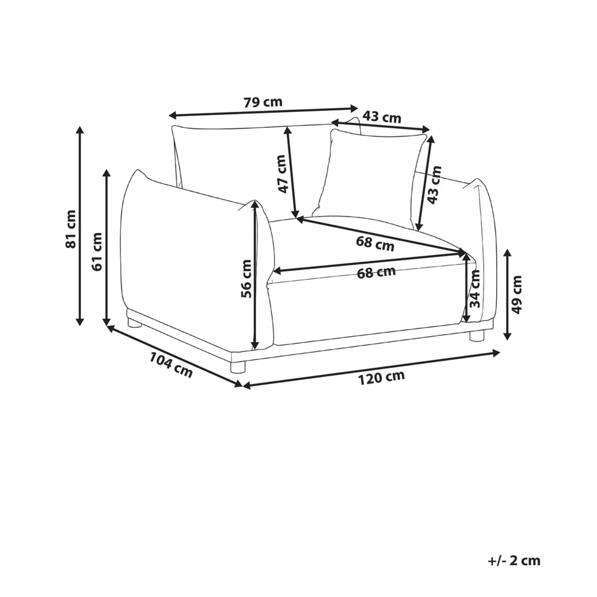 Black and white line drawing of an armchair with dimension arrows and measurements in centimeters, including 120 cm width, 81 cm height, and seat dimensions.