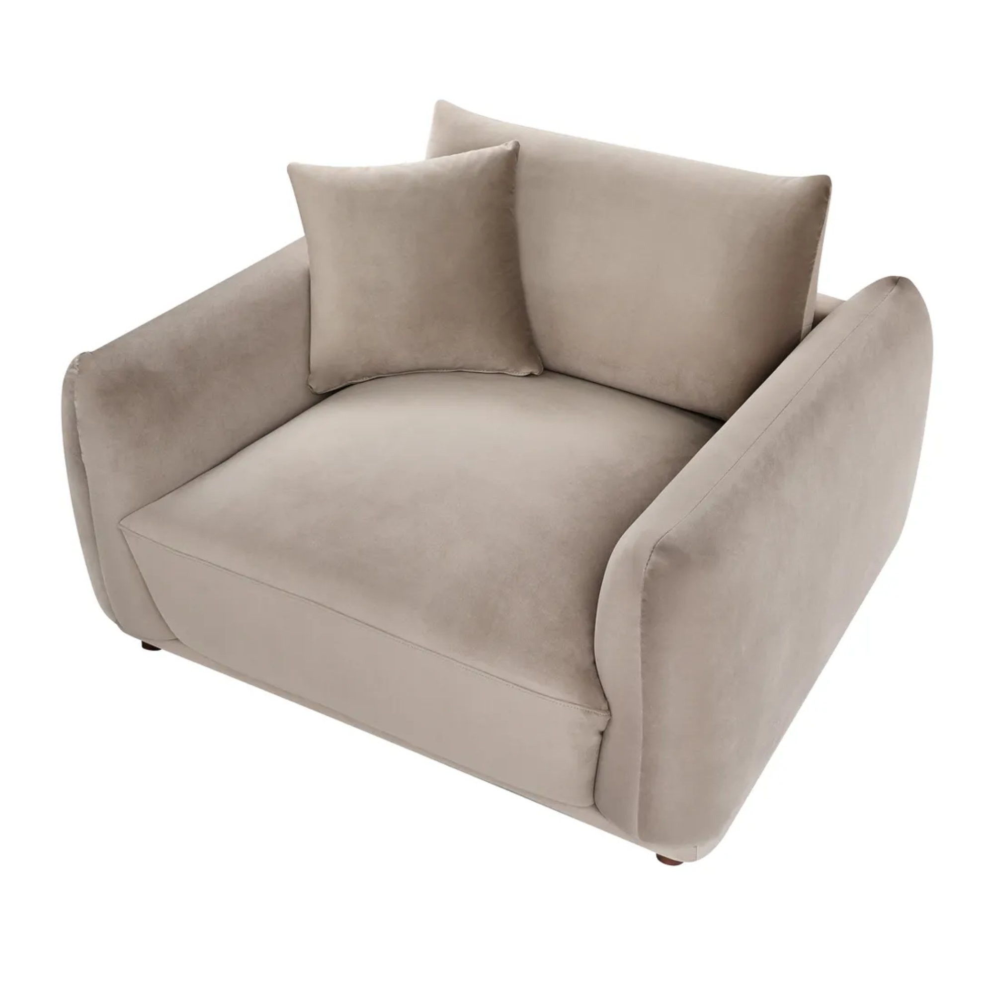 A modern low-profile armchair upholstered in a soft taupe velvet fabric, featuring two matching square back cushions, shown against a plain white background.
