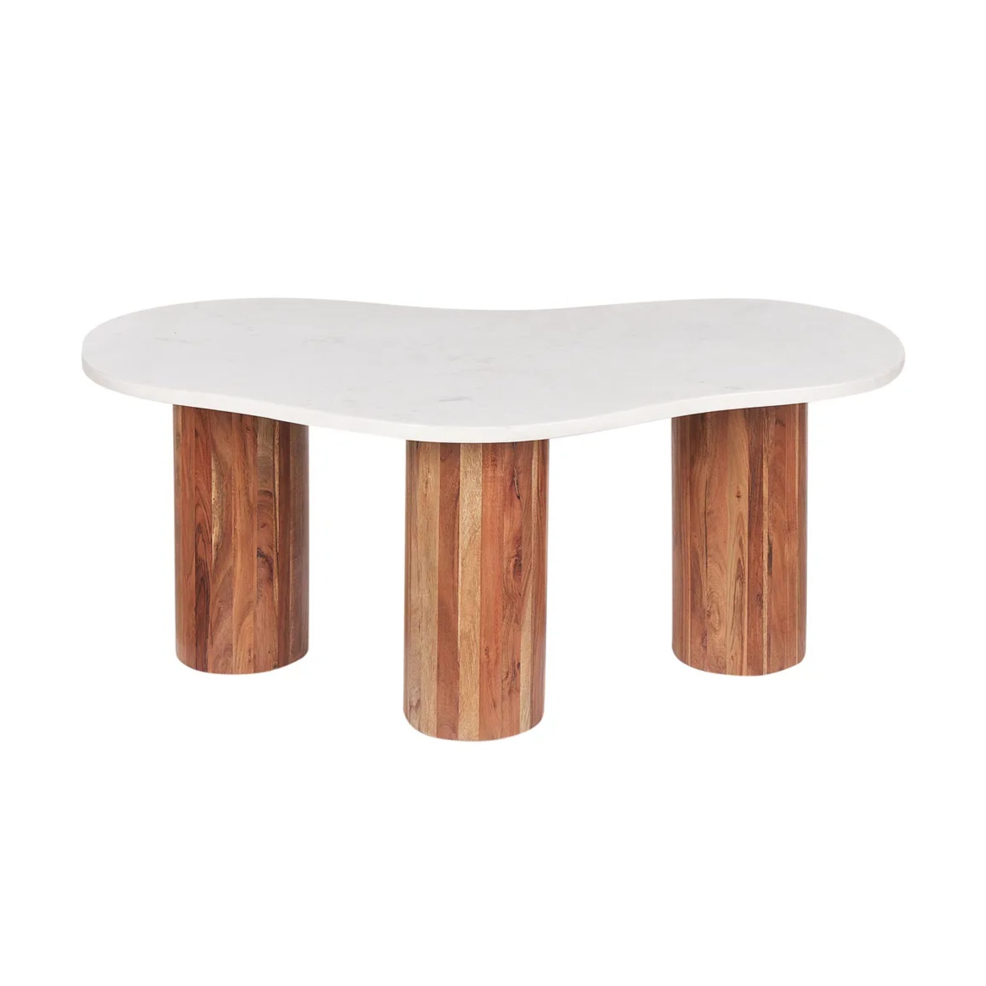 A modern coffee table with a white marble-look organic-shaped top and three rustic brown wooden legs, shown on a plain white background.