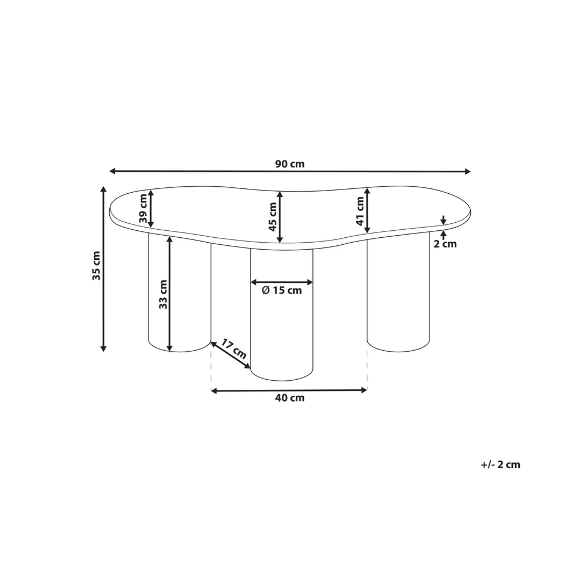 A black and white line drawing showing the dimensions of a modern wavy table, with measurements for width, height, leg depth, and leg diameter.