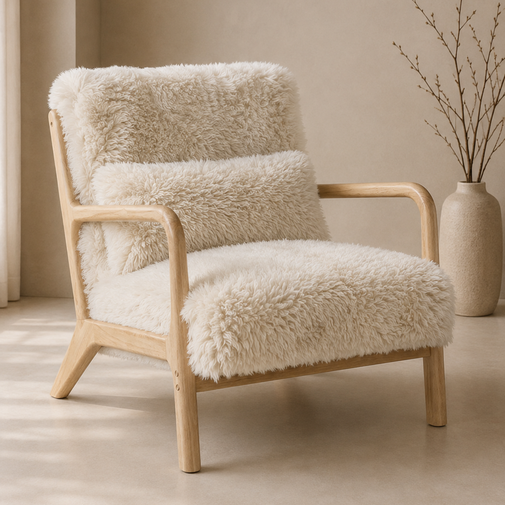 A modern wooden armchair with plush cream sheepskin-style upholstery, shown in a softly lit neutral interior with a beige wall and a vase of branches in the background.