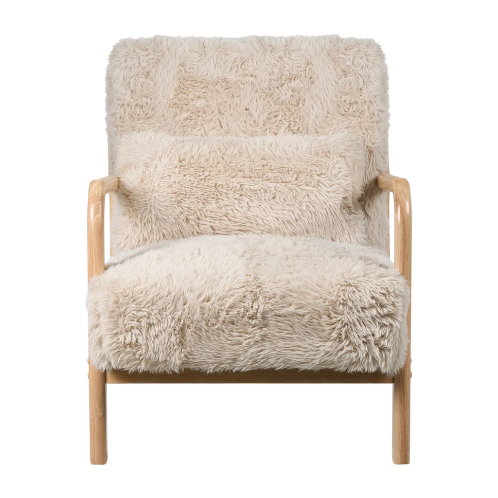 A modern armchair with a light natural wood frame and thick, fluffy cream-colored faux fur upholstery, shown against a plain white background.