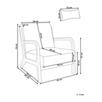 Black and white line drawing of an armchair with multiple dimension labels and arrows showing measurements, plus a small cushion inset with dimensions, on a white background.