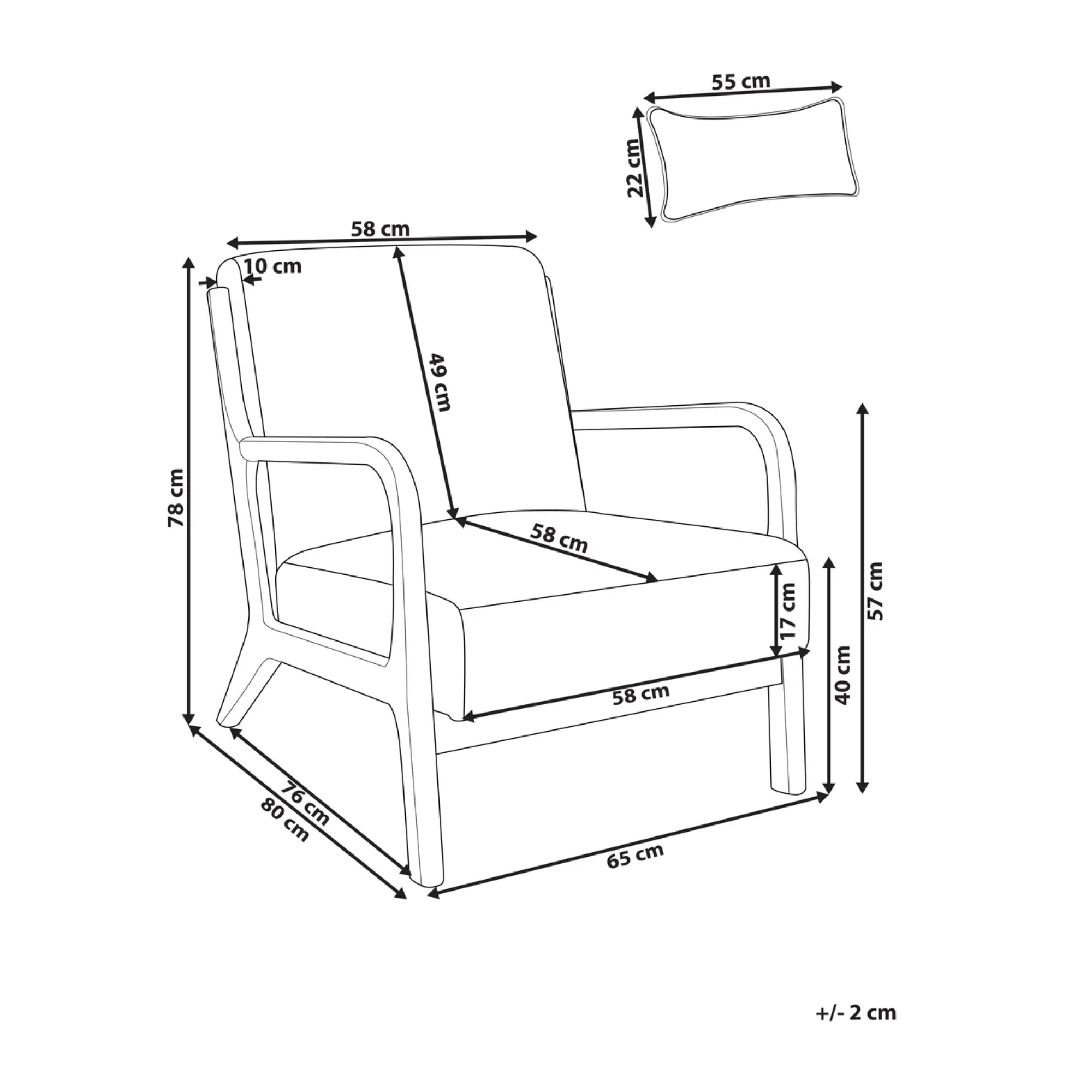Black and white line drawing of an armchair with multiple dimension labels and arrows showing measurements, plus a small cushion inset with dimensions, on a white background.
