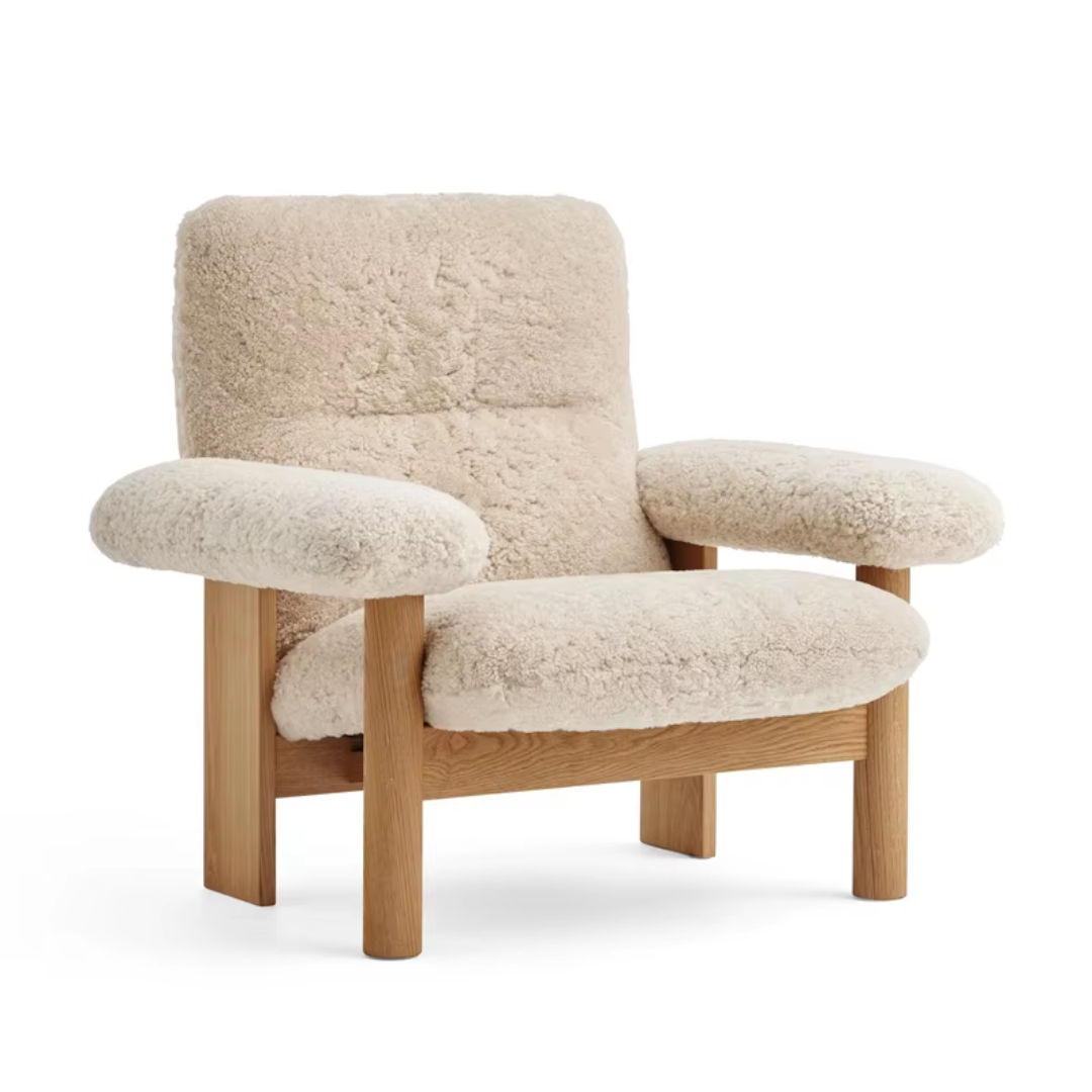 Bouclé Lounge Chair with Wood Frame on a white background