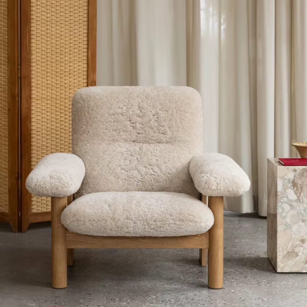 Bouclé Lounge Chair with Wood Frames in a living room setting