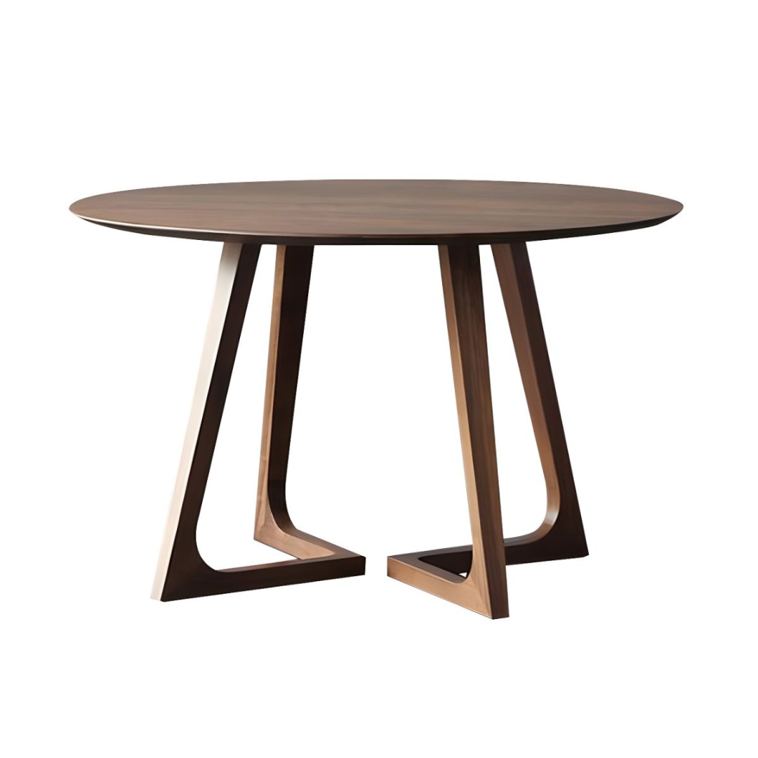 Walnut Wood Circular Dining Table with unique leg design on a white background