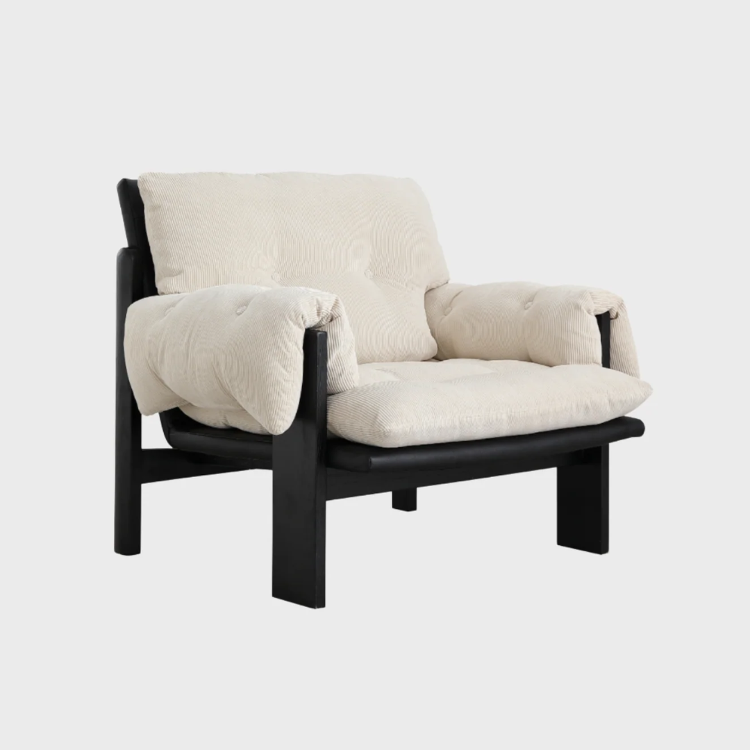 White Corduroy Armchair with Black Wood Frame on a white background