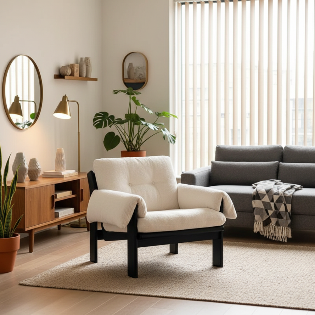 Modern living room with a White Corduroy Armchair with Black Wood Frame, gray sofa, and wooden side table.