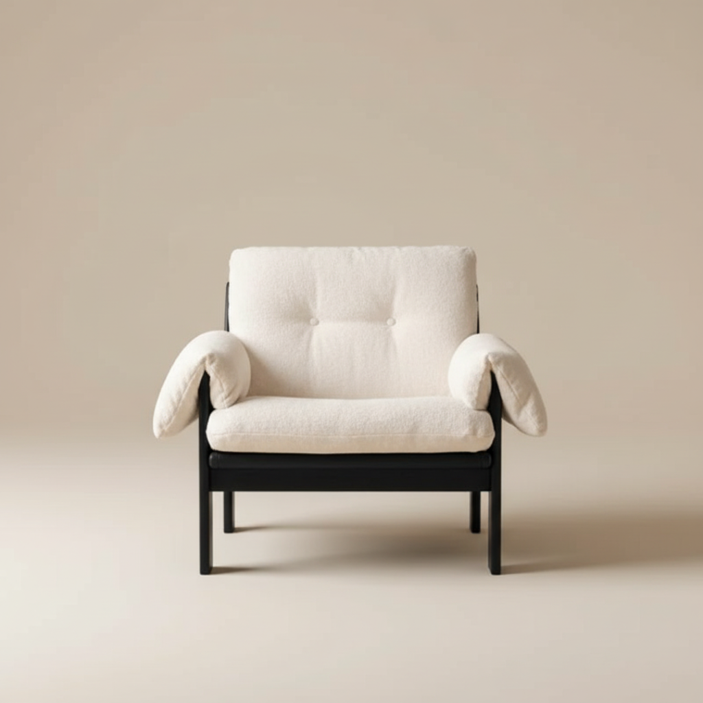 White armchair with black frame on a beige background