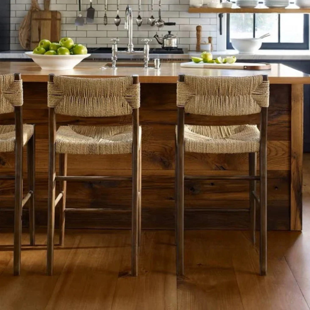Wooden kitchen island with Woven Rope Bar Stools in a modern kitchen setting