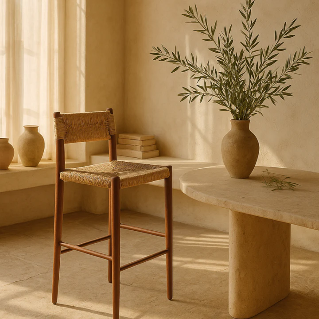 Woven Rope Bar Stool With Back and stone table with a vase of greenery in a warm-toned room.