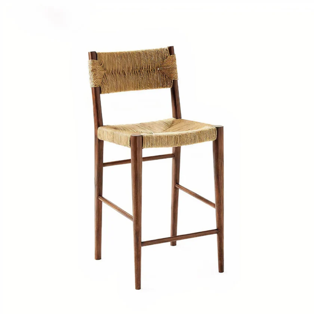 Wooden bar stool with woven backrest and seat on a white background