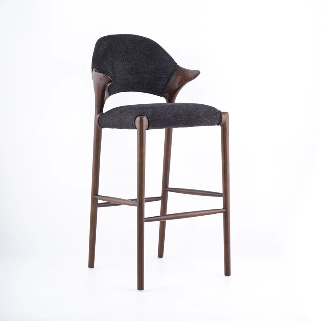Bar stool with dark gray cushioned seat and backrest on a white background