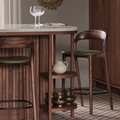 Wooden bar table with marble top and Dark Green Leather Bar Stools