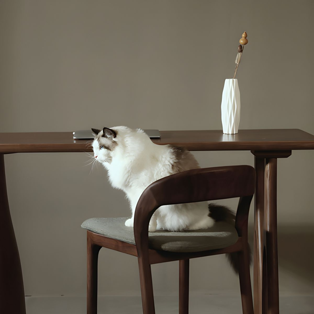 Cat sitting on a Dark Green Leather Bar Stoolrat a wooden table with a white vase and plant in the background.