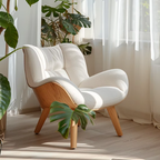 White accent chair with wooden legs in a room with plants and light curtains