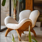 Mid Century Accent Chair With Wooden Arms and white cushion in a room with plants