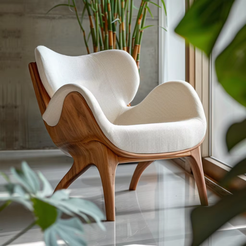 Modern wooden chair with white cushion in a room with plants