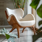 Modern wooden chair with white cushion in a room with plants