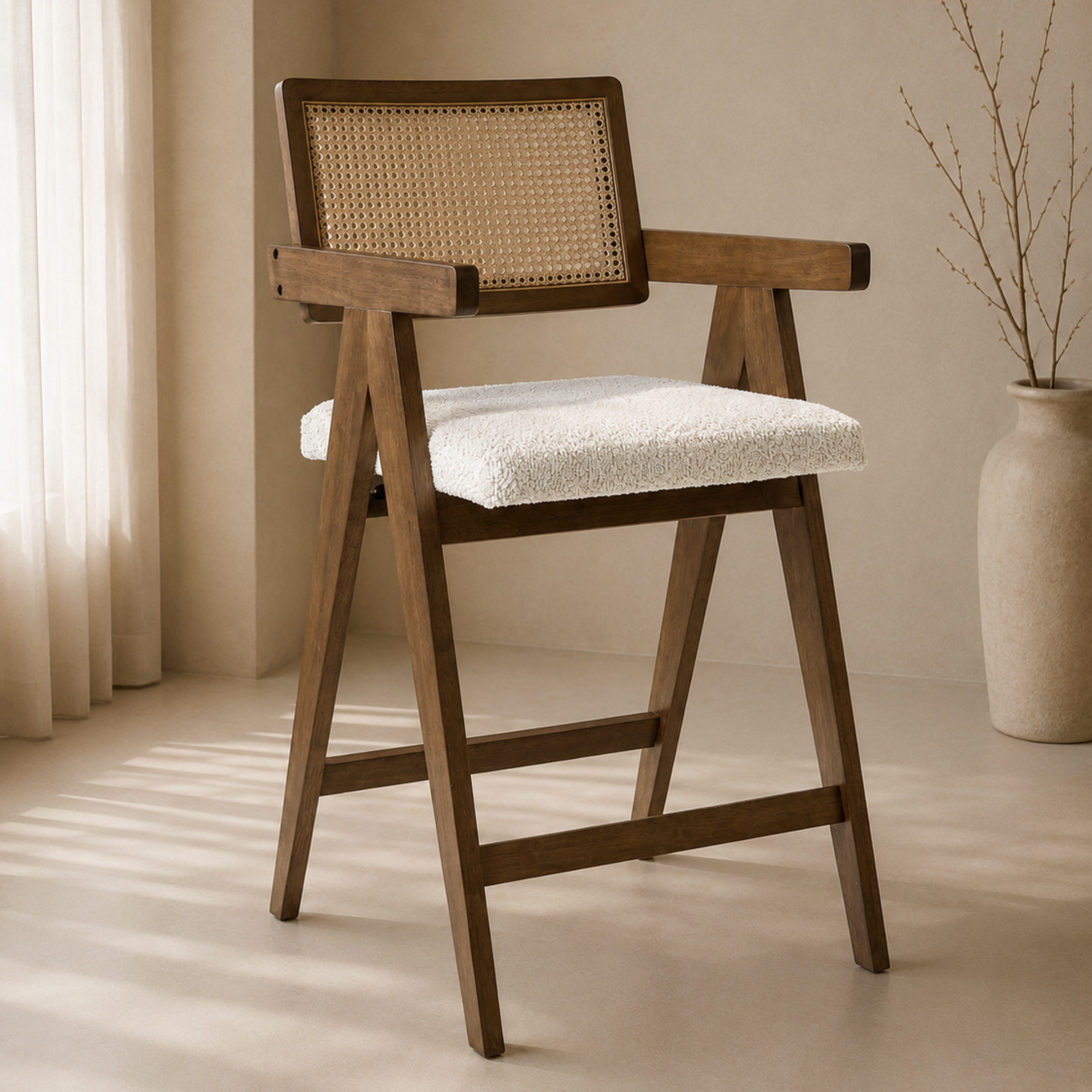 Upholstered Rattan Bar Stools  in a beige studio