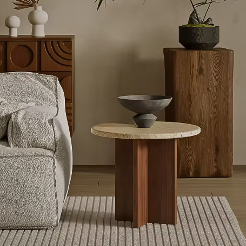 Helena Walnut Wood Round Travertine Coffee Table – OAK AND ASH